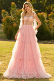 Vestido largo de graduación rosa con volantes y corsé con cuentas, encaje en la espalda
