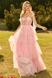 Vestido largo de graduación rosa con volantes y corsé con cuentas, encaje en la espalda