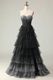 Vestido largo de fiesta con volantes y lunares en forma de corazón con corsé blanco y negro