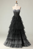 Vestido largo de fiesta con volantes y lunares en forma de corazón con corsé blanco y negro