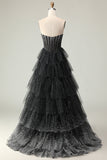 Vestido largo de fiesta con volantes y lunares en forma de corazón con corsé blanco y negro