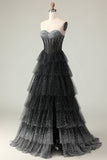 Vestido largo de fiesta con volantes y lunares en forma de corazón con corsé blanco y negro