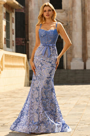 Corsé de sirena gris azul, vestido largo de cuentas con cuentas y lazos