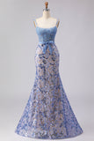 Corsé gris azul sirena con vestido largo de graduación con lazos y lazo