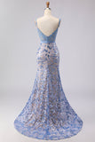 Corsé gris azul sirena con vestido largo de graduación con lazos y lazo