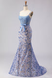 Corsé gris azul sirena con vestido largo de graduación con lazos y lazo