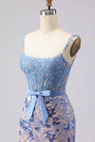 Corsé gris azul sirena con vestido largo de graduación con lazos y lazo