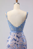 Corsé gris azul sirena con vestido largo de graduación con lazos y lazo