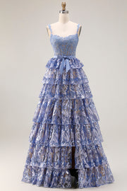 Vestido largo de graduación gris, azul azul, con cuentas de lentejuelas, largo y abertura