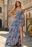 Vestido largo de graduación de fin de curso, corsé de cuentas con lentejuelas gris, azul y línea en A