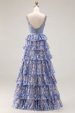 Vestido largo de graduación de fin de curso, corsé de cuentas con lentejuelas gris, azul y línea en A