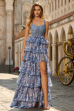 Vestido largo de graduación gris, azul azul, con cuentas de lentejuelas, largo y abertura
