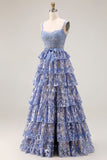 Vestido largo de graduación gris, azul azul, con cuentas de lentejuelas, largo y abertura