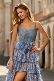 Vestido largo de graduación de fin de curso, corsé de cuentas con lentejuelas gris, azul y línea en A