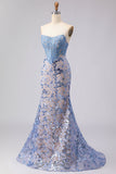 Corsé Sirena sin tirantes gris azul, vestido largo de baile con lentejuelas