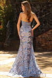 Corsé Sirena sin tirantes, vestido largo bordado en gris azul con lentejuelas