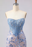 Corsé Sirena sin tirantes gris azul, vestido largo de baile con lentejuelas