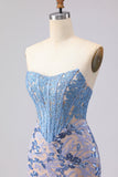 Corsé Sirena sin tirantes gris azul, vestido largo de baile con lentejuelas