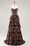 Vestido largo de fiesta con volantes y volantes de leopardo marrón en línea A Line