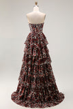Vestido largo de fiesta con volantes y volantes de leopardo marrón en línea A Line