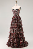 Vestido largo de fiesta con volantes y volantes de leopardo marrón en línea A Line