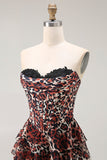 Vestido largo de fiesta con volantes y volantes de leopardo marrón en línea A Line