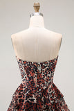 Vestido largo de fiesta con volantes y volantes de leopardo marrón en línea A Line