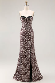 Vestido largo de fiesta con corsé sin tirantes de sirena de leopardo café con abertura