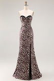 Vestido largo de fiesta con corsé sin tirantes de sirena de leopardo café con abertura