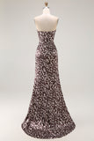 Vestido largo de fiesta con corsé sin tirantes de sirena de leopardo café con abertura