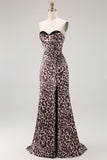 Vestido largo de fiesta con corsé sin tirantes de sirena de leopardo café con abertura