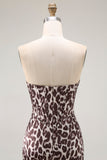 Vestido largo de fiesta con corsé sin tirantes de sirena de leopardo café con abertura