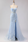 Corsé de Serenas Azules, Corsé de Cuentas con Lentejuelas y Vestido de Baile Largo con Abertura