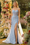 Corsé de Serenas Azules, Corsé de Cuentas con Lentejuelas y Vestido de Baile Largo con Abertura