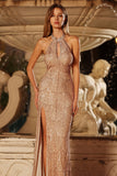 Vestido largo de graduación largo de baile con sirena con cuentas con cuentas de champán con lentejuelas champán