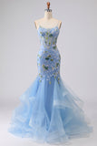 Vestido largo largo de graduación bordado con corsé azul y sirena bordada con encaje en la espalda