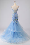 Vestido largo largo de graduación bordado con corsé azul y sirena bordada con encaje en la espalda