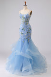 Vestido largo largo de graduación bordado con corsé azul y sirena bordada con encaje en la espalda