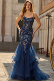 Vestido largo largo de graduación bordado con corsé azul y sirena bordada con encaje en la espalda