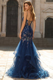Vestido largo largo de graduación bordado con corsé azul y sirena bordada con encaje en la espalda