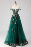 Corsé de línea A verde oscuro con hombros descubiertos, vestido largo largo de baile con lentejuelas
