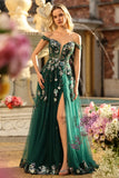 Corsé de línea A verde oscuro con hombros descubiertos, vestido largo largo de baile con lentejuelas