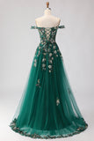 Corsé de línea A verde oscuro con hombros descubiertos, vestido largo largo de baile con lentejuelas