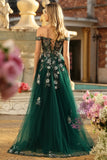 Corsé de línea A verde oscuro con hombros descubiertos, vestido largo largo de baile con lentejuelas