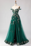 Corsé de línea A verde oscuro con hombros descubiertos, vestido largo largo de baile con lentejuelas