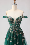 Corsé de línea A verde oscuro con hombros descubiertos, vestido largo largo de baile con lentejuelas
