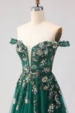 Corsé de línea A verde oscuro con hombros descubiertos, vestido largo largo de baile con lentejuelas