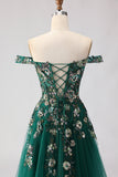 Corsé de línea A verde oscuro con hombros descubiertos, vestido largo largo de baile con lentejuelas