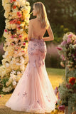 Vestido largo de graduación largo de corsé de sirena púrpura transparente con cuentas y lentejuelas, con encaje en la espalda