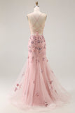 Vestido largo de fiesta con apliques de corsé de sirena en rubor con cuentas